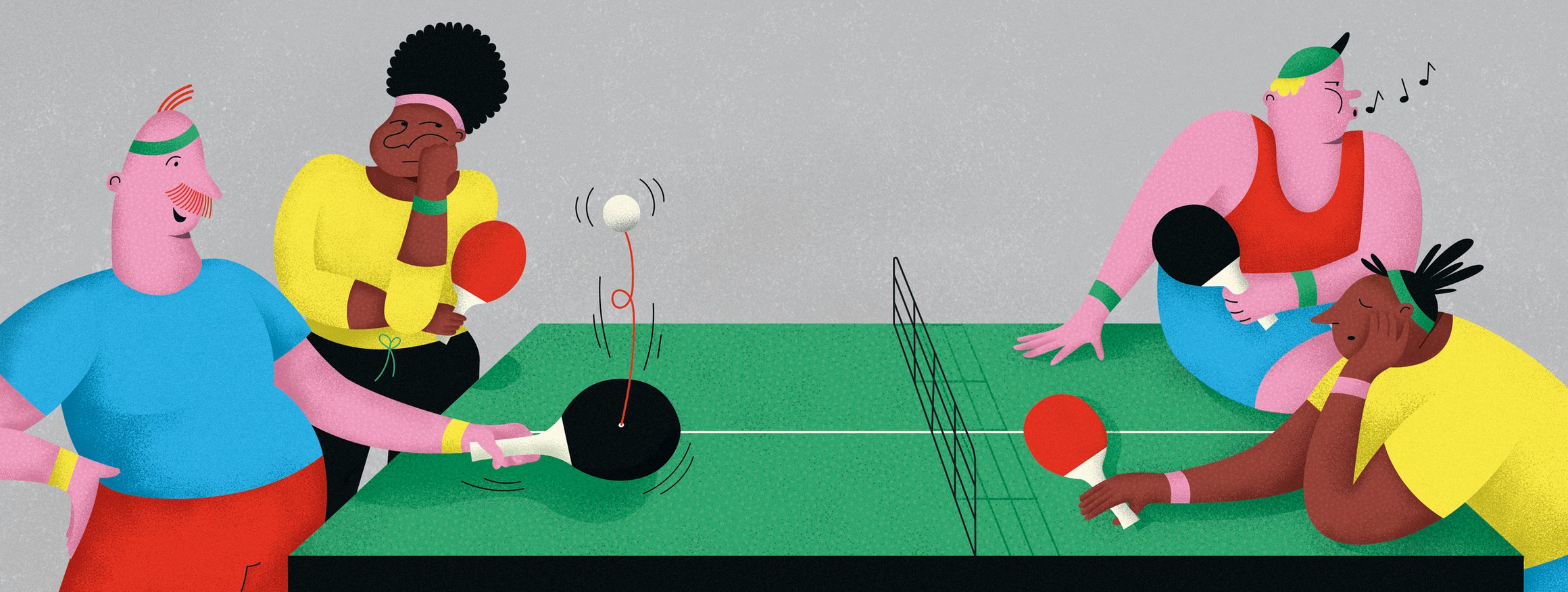 Die Illustration zeigt einen Mann am Pingpong-Tisch, der angeregt spricht und dabei Ping-Pong mit sich selbst spielt, während seine Spielpartnerin gelangweilt schaut