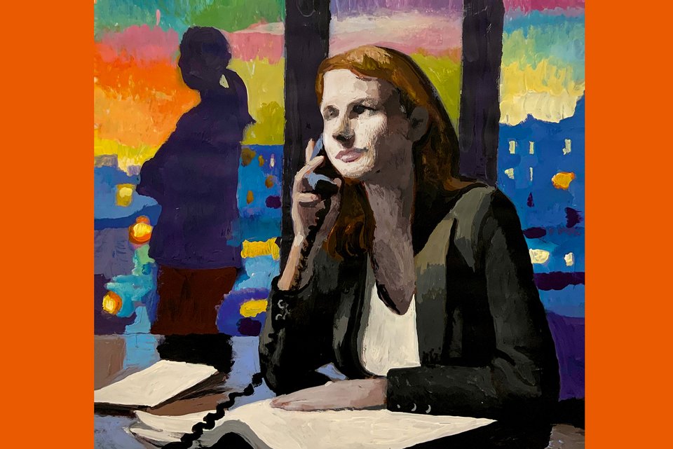Die Illustration von Andrea Ventura zeigt eine Frau an einem Tisch, die telefoniert, während dahinter am Fenster eine andere Frau steht