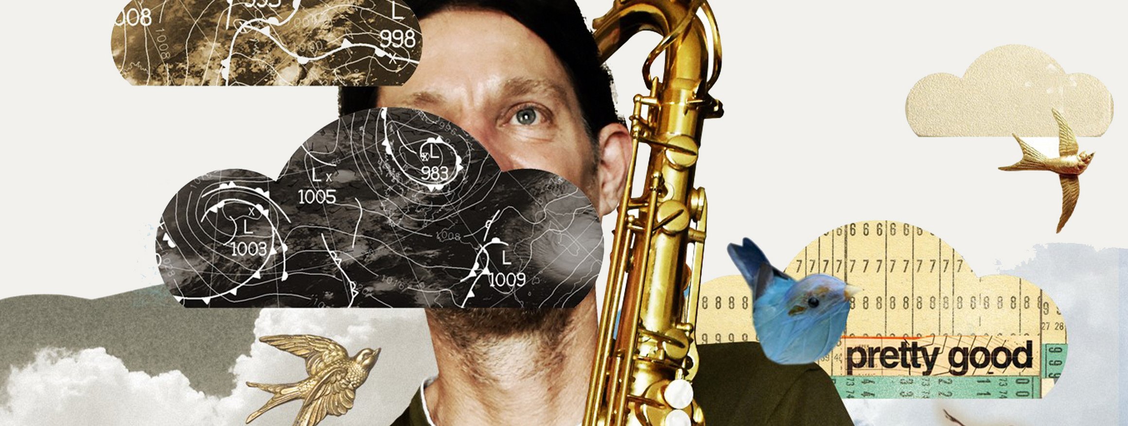 Die Collage zeigt einen Musiker mit einem Saxofon umringt von Symbolen, wie eine Schwalbe, Regenbogen, Wolken und Umsatzstatistiken