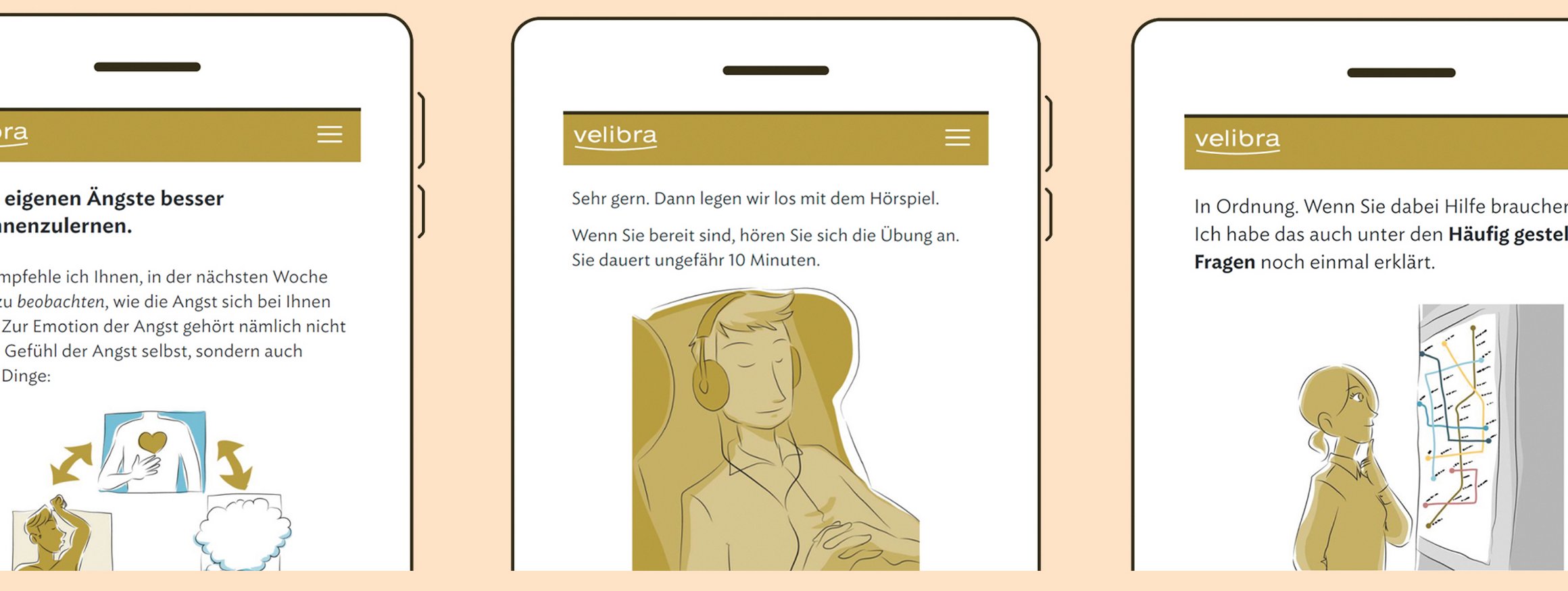 Das Bild zeigt drei geöffnete Apps auf dem Smartphone mit einer Anwendung für Menschen mit einer Angst- oder Panikstörung