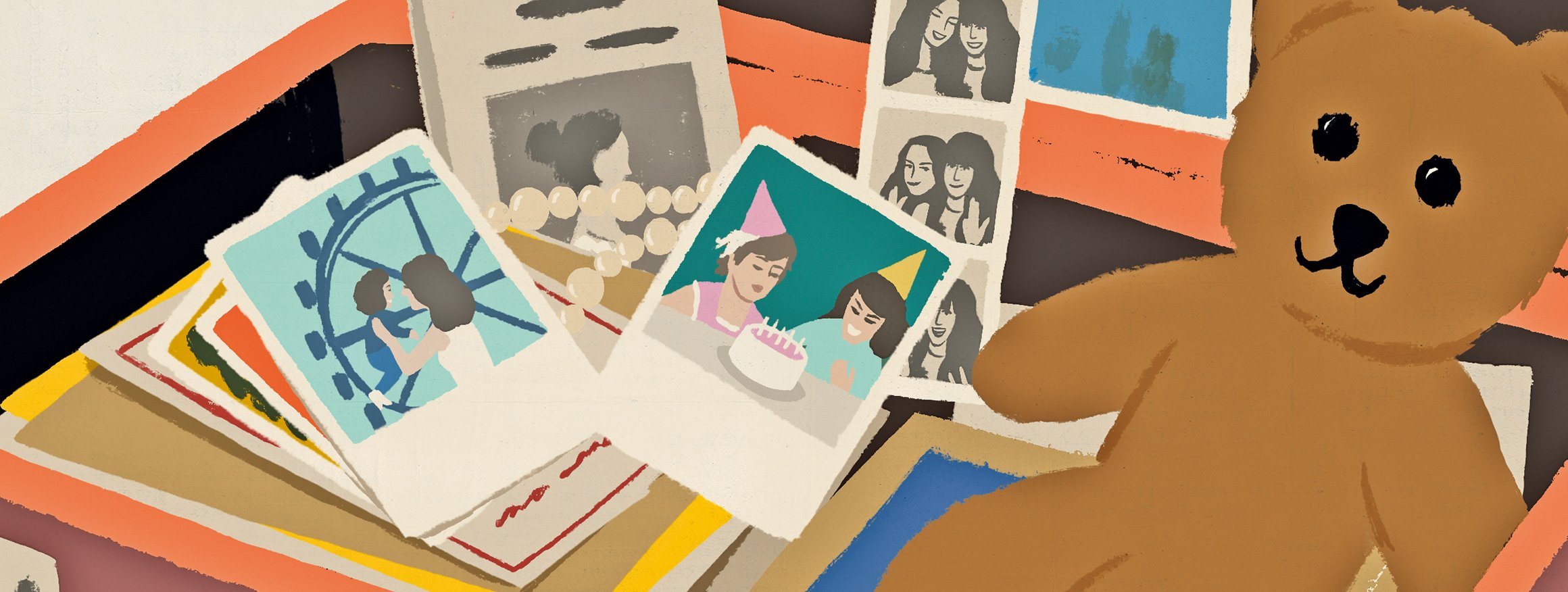 Die Illustration zeigt einen alten Koffer mit Fotos und einem braunen Teddybär darin