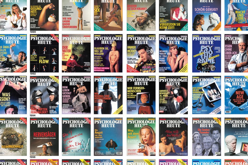 verschiedene Titelbilder von Psychologie Heute Magazinen von 1974 bis 2024
