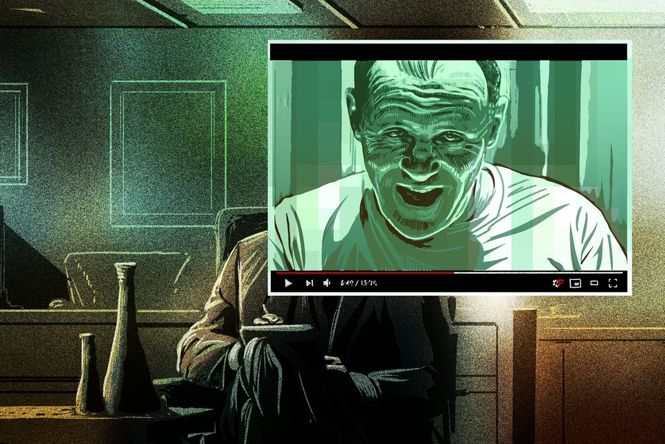 Die Illustration zeigt einen Klienten bei seinem Therapeuten in einem dunklen Raum, wobei der Therapeut aussieht wie Hannibal Lecter aus dem Kinofilm