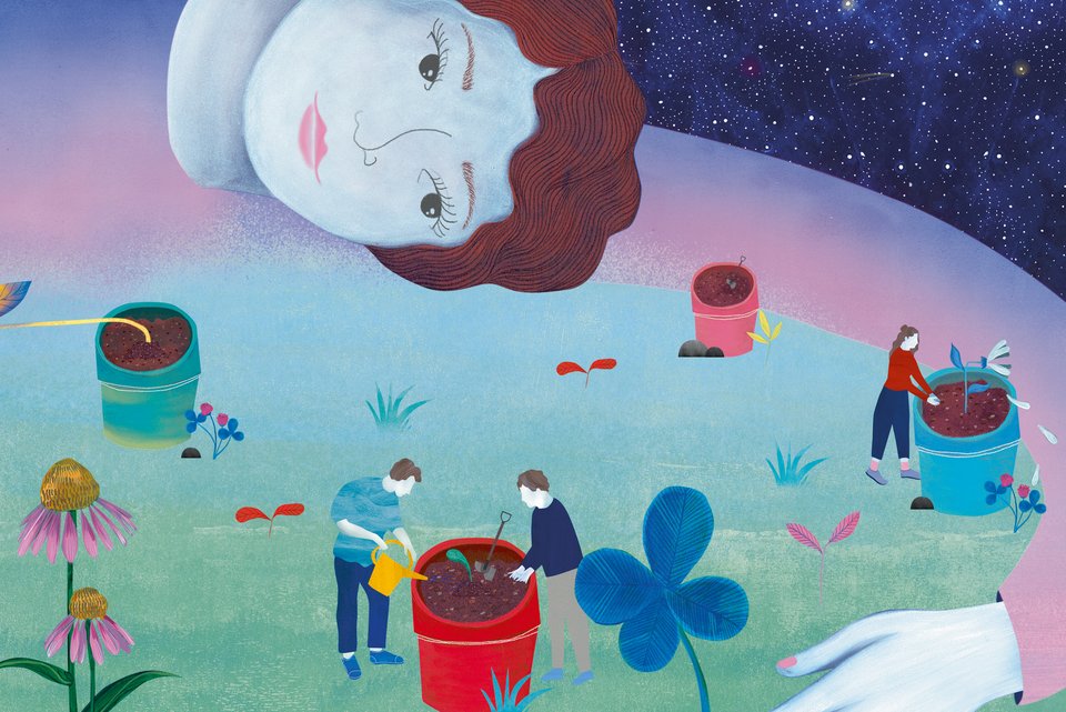 Die Illustration zeigt eine Frau, die einen schönen Garten mit Menschen, die gärtnern , im Arm hält