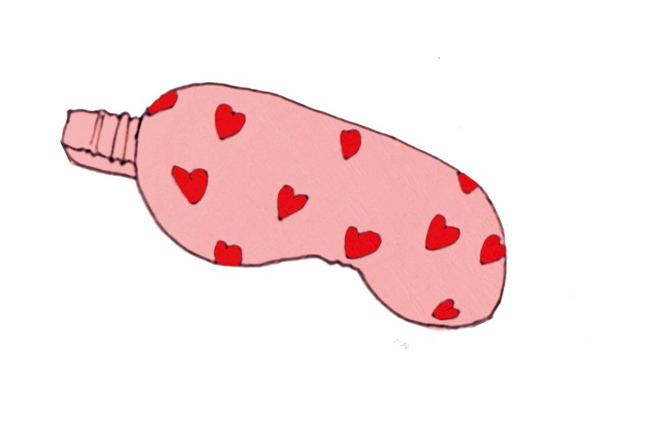 Die Illustration zeigt eine rosa Schlafbrille mit kleinen roten Herzen darauf