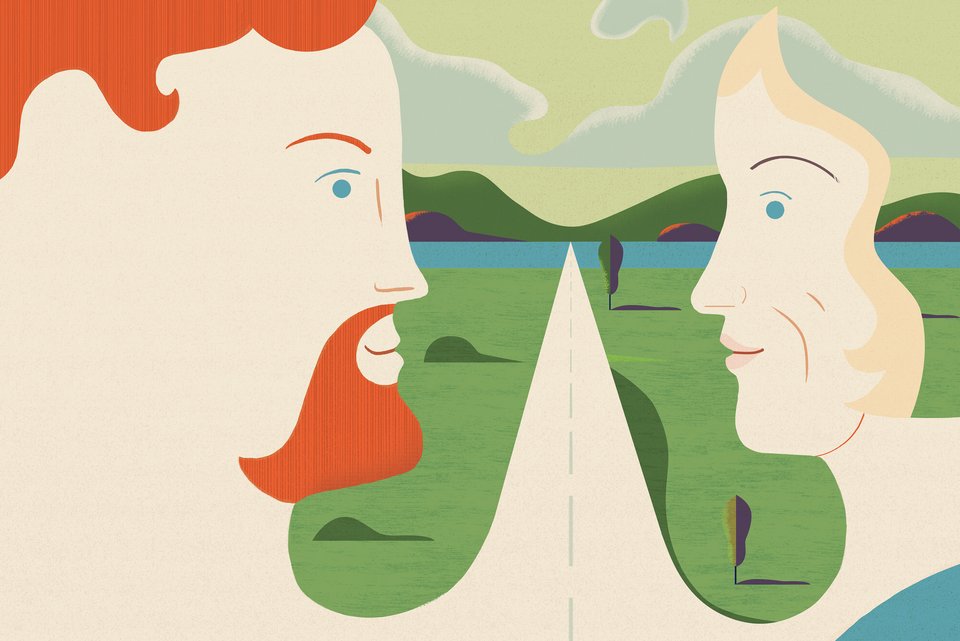 Die Illustration zeigt einen Mann mit Bart und seine Mutter, die sich gegenüber stehen und in die Augen schauen, verbunden mit einem gemeinsamen Weg