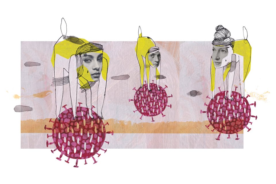 Die Illustration zeigt drei Tierkörper mit Menschenköpfen, die auf Coronaviren stehen