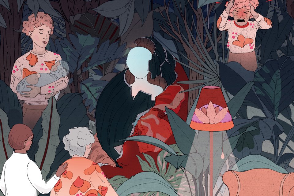 Die Illustration zeigt eine Frau mit einer Pflegekraft und vergangenen Erinnerungen in einem wilden Garten