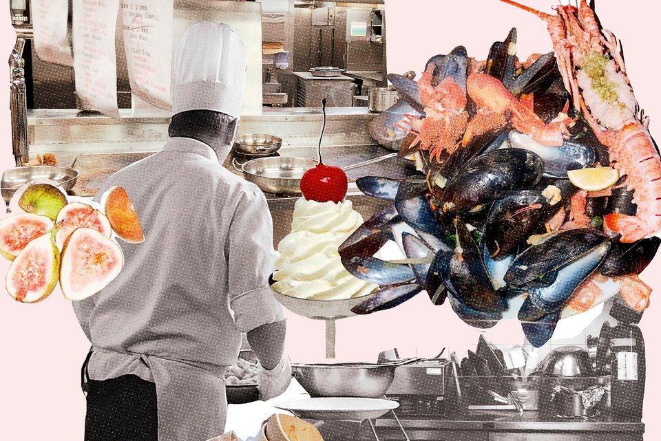 Die Illustration zeigt einen Koch in einer Restaurantküche, umgeben von Töpfen, Feigen Muscheln, Garnelen und Sahne