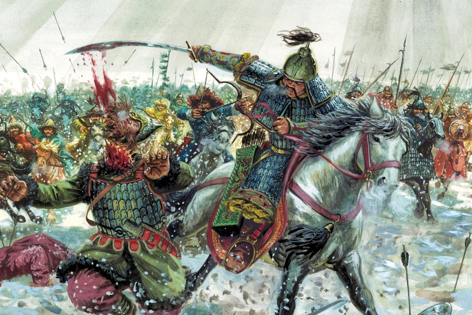 Das Bild zeigt Dschingis Khan auf dem Pferd in einer Schlacht, der gerade einem Kriegsgegner den Kopf abhaut