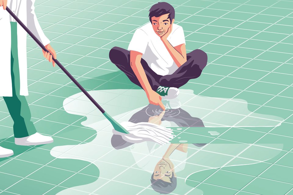 Die Illustration zeigt einen Mann in einer psychiatrischen Klinik, der nachdenklich auf dem Boden sitzt und sich im Putzwasser spiegelt, während die Reinigungskraft den Fußboden mit dem Wischmob wischt
