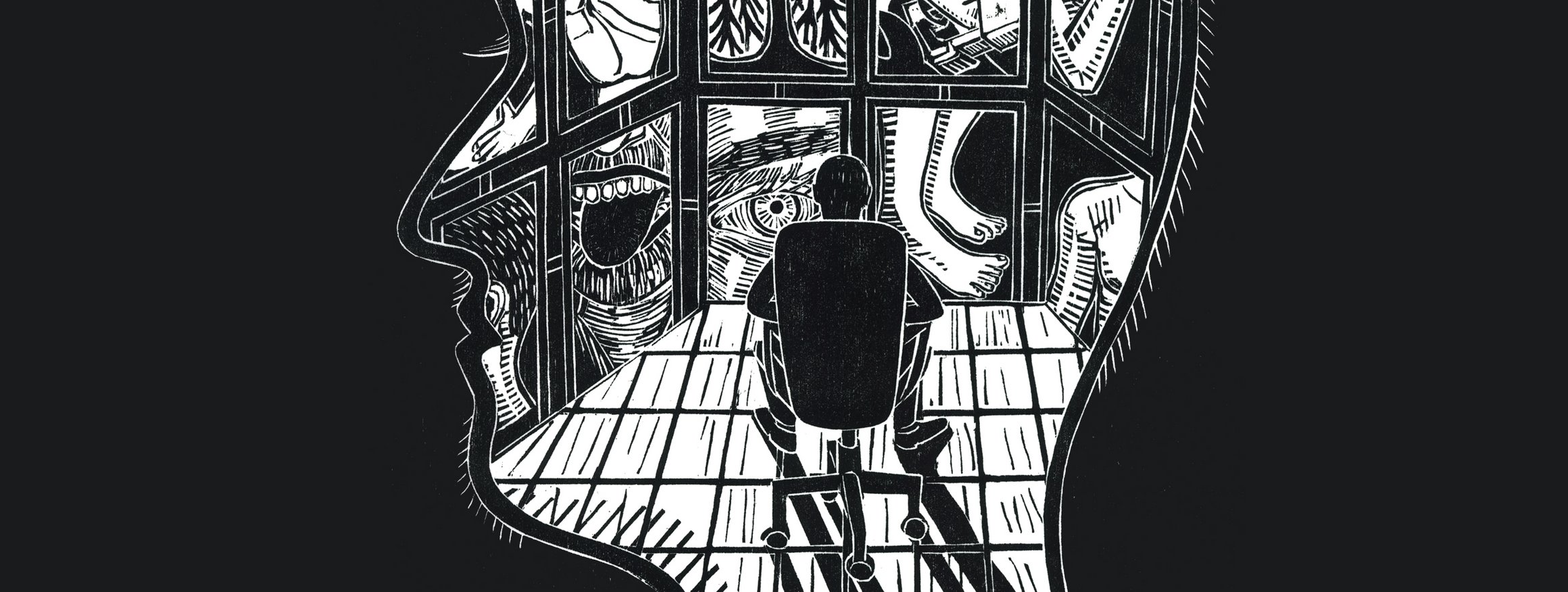 Die Illustration zeigt eine großen Kopf mit einer Person darin, die in einem Bürostuhl sitzt und aus einer Fensterfront schaut. Die Fensterfront besteht aus vielen Fenstern, die auf Organe und Körperteile blicken lassen.