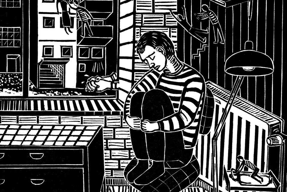 Die Illustration zeigt einen traurigen Mann in einem Zimmer auf einem Stuhl kauernd, dahinter die Gedanken, die ihn quälen