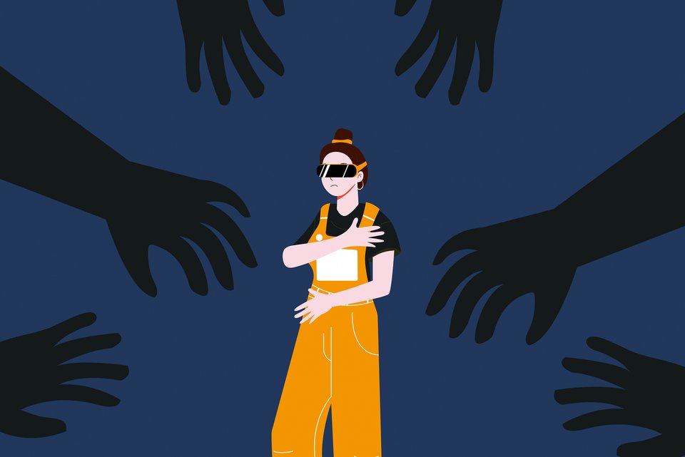 Die Illustration zeigt ein Mädchen in Latzhosen mit großen Ohrringen und Sonnenbrille, die umringt ist von schwarzen Händen, die nach ihr greifen