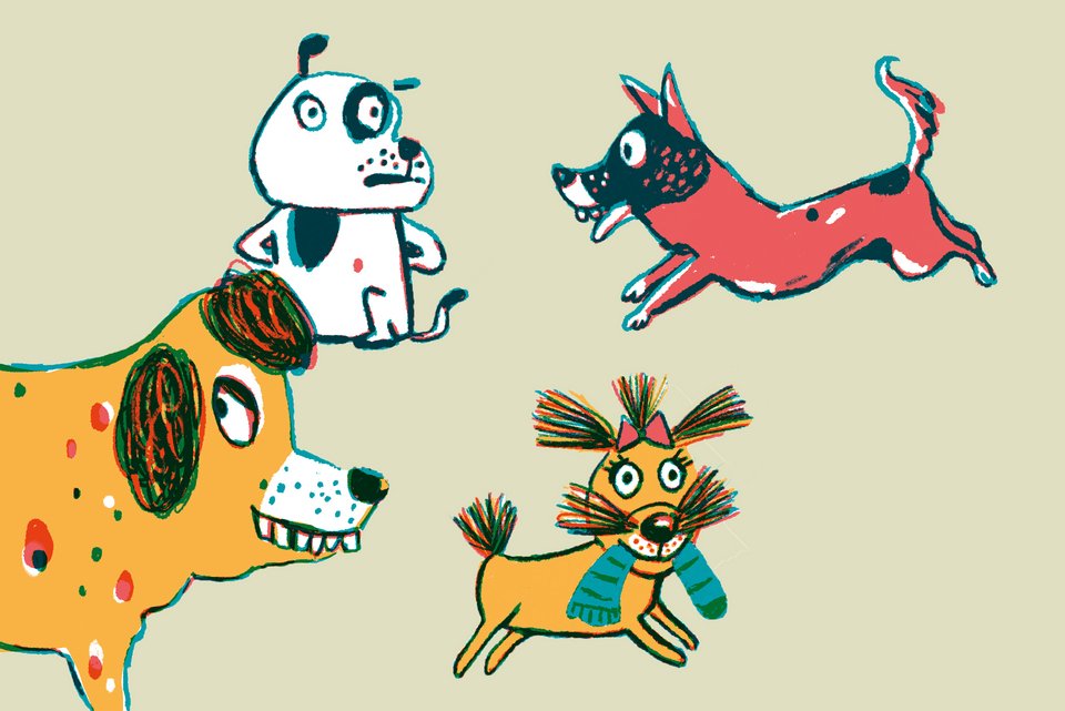 Die Illustration zeigt verschiedene Hunderassen, die mit einander rumtollen
