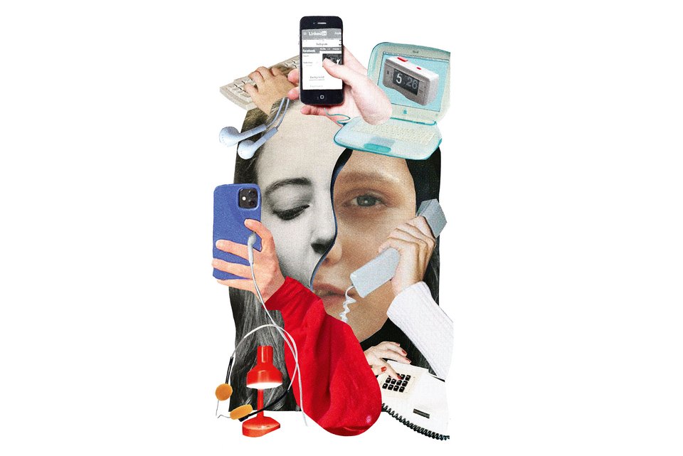 Die Illustration zeigt zwei Gesichtshälften, die wach und schlafend sind und daneben Smartphones, Tablets und Telefone
