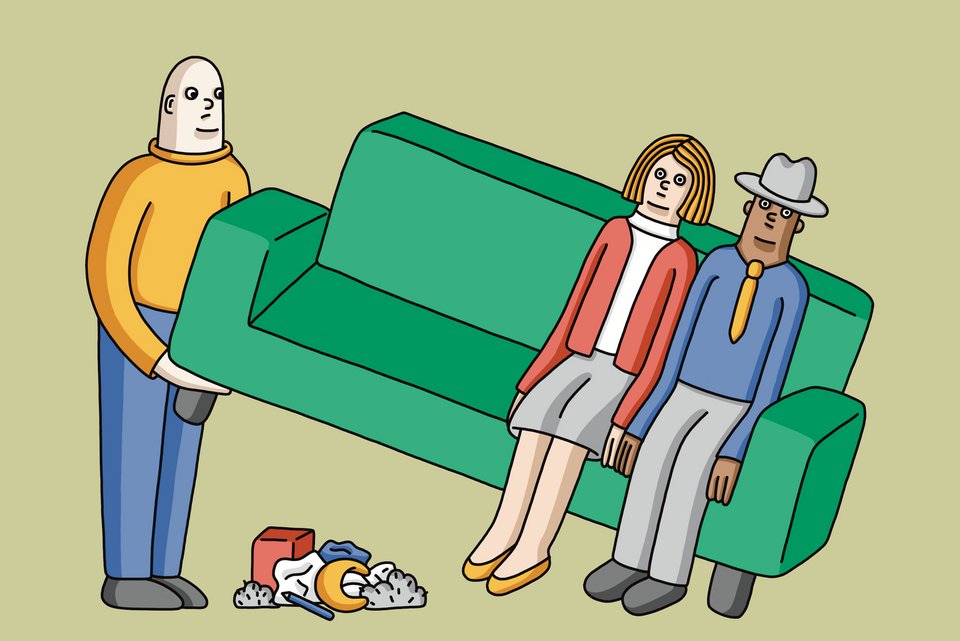 Die Illustration zeigt ein Paar, das auf einem grünen Sofa sitzt, während ein Mann das Sofa hochhebt und es darunter unordentlich ist.