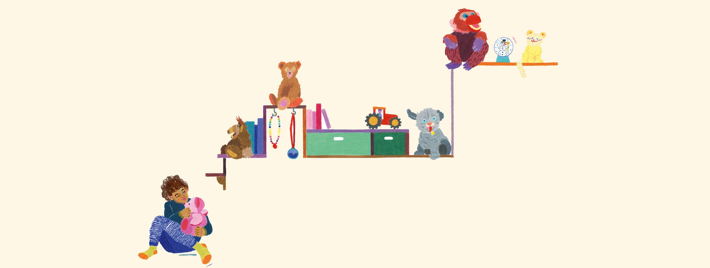Die Illustration zeigt ein Kind mit einem rosa Teddy auf dem Arm mit dem es spielt, daneben ist ein Regal mit Spielzeug