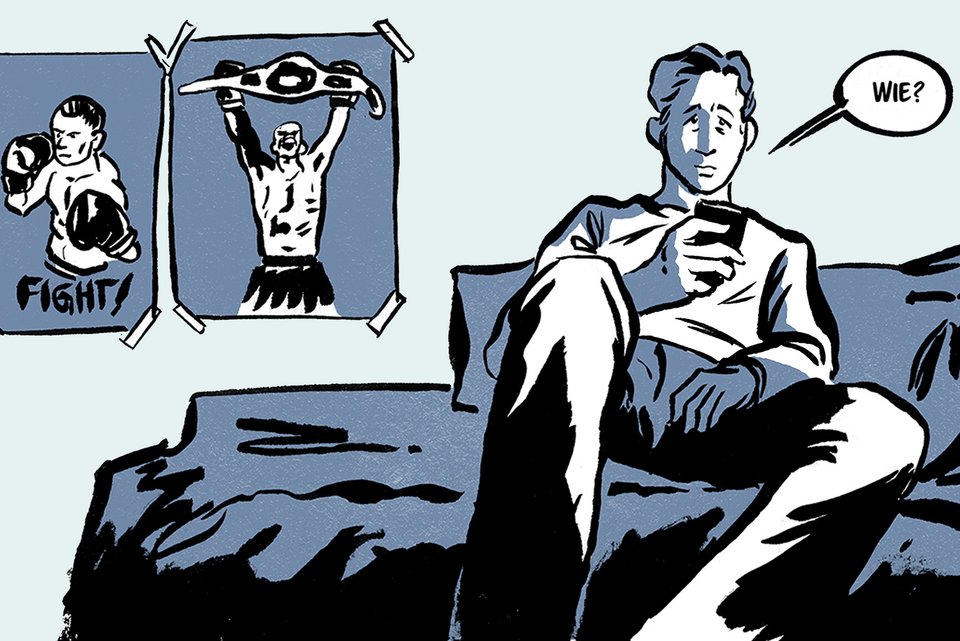 Die Illustration zeigt einen jungen Mann sitzend auf einem Sofa mit einem Smartphone, ratlos schauend, und hinter ihm hängen Poster von Boxstars