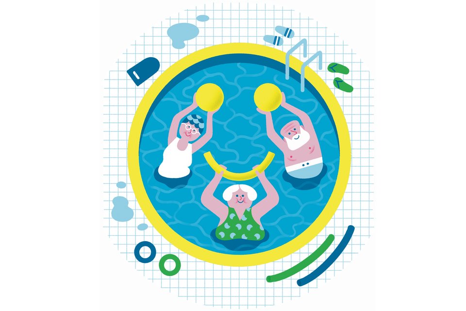 Die Illustration zeigt drei ältere Menschen mit Bällen und Schwimmnudel fröhlich in einem Pool