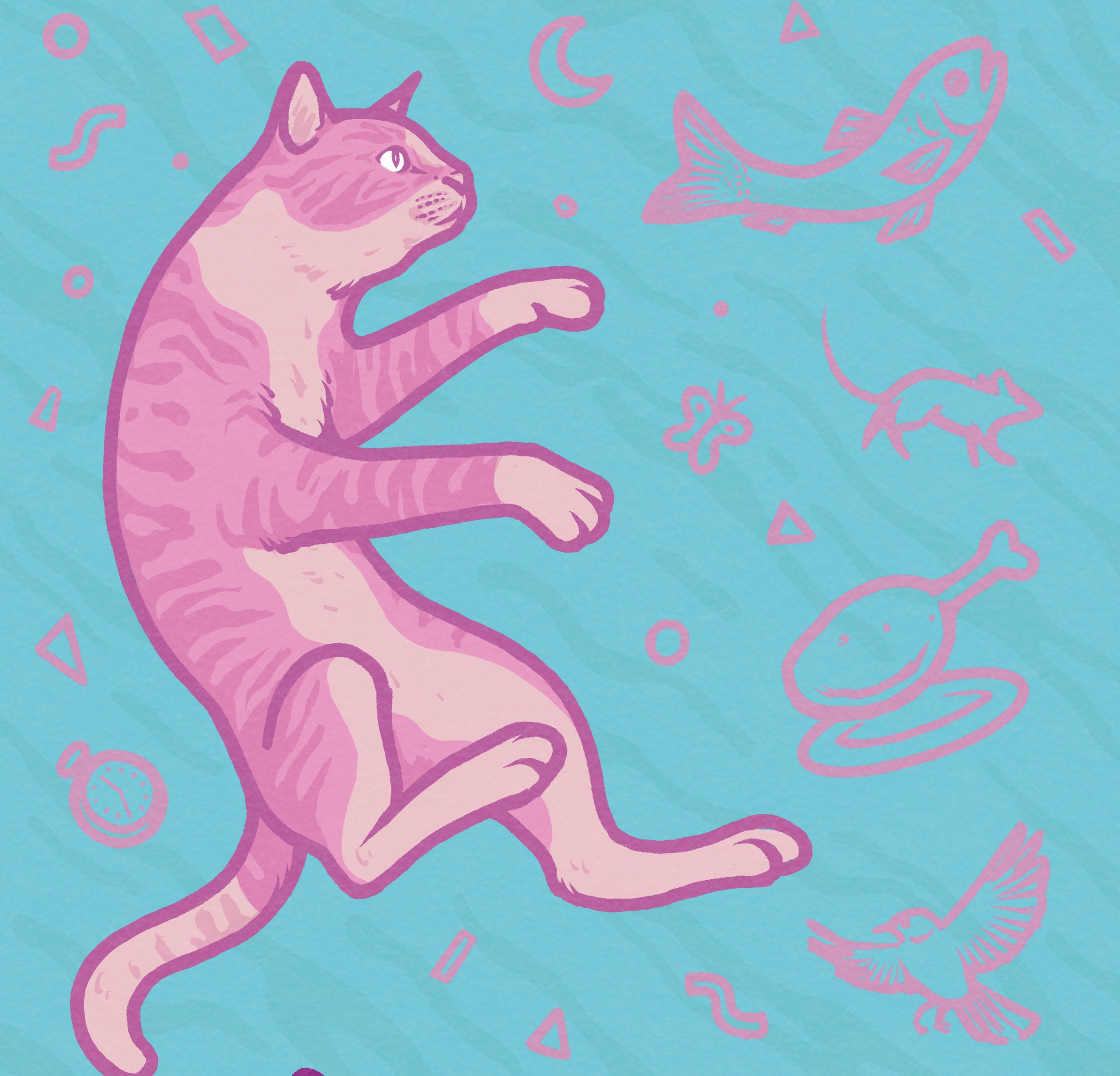 Die Illustration zeigt eine rosa Katze, die vor sich verschiedene (Futter-)Tiere sieht.