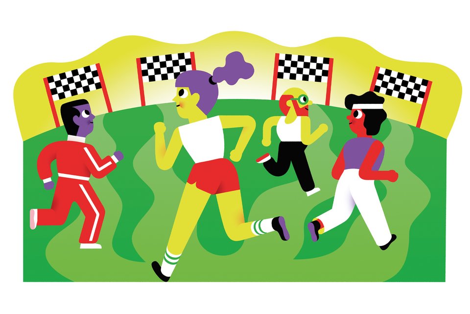 Die Illustration zeigt Männer und Frauen in Sportkleidung, die ehrgeizig auf Zielfahnen zu laufen