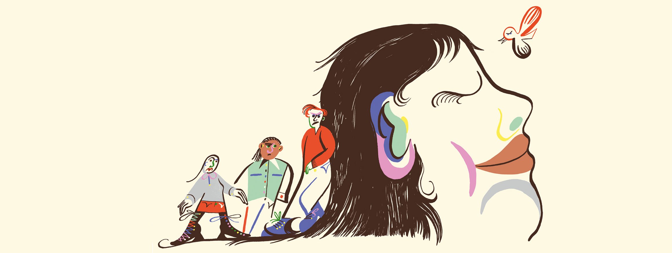 Die Illustration zeigt einen großen Frauenkopf, der lächelt, zusammen mit einem flatternden Vogel, dahinter sind grimmig schauende Menschen