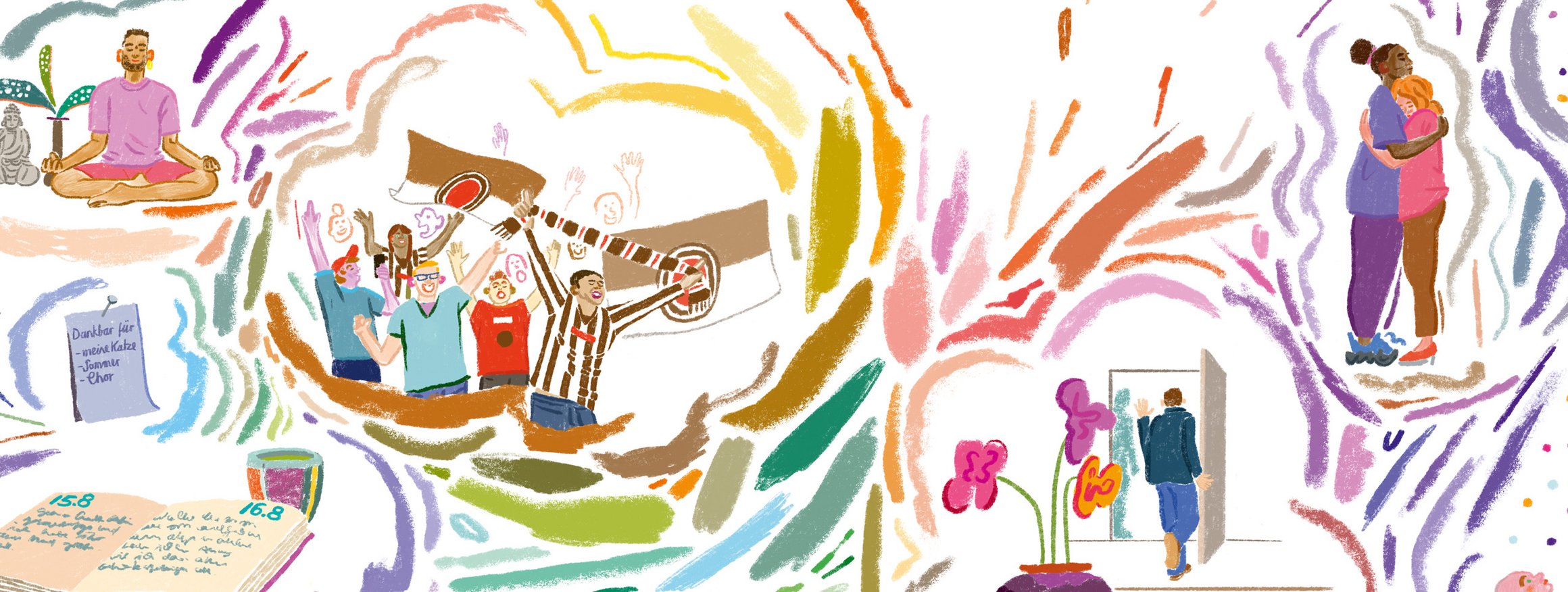 Die Illustration zeigt Menschen bei Aktivitäten, die sie glücklich machen: Yoga machen, ein Dankbarkeits-Tagebuch führen oder dem Lieblingsverein zujubeln.