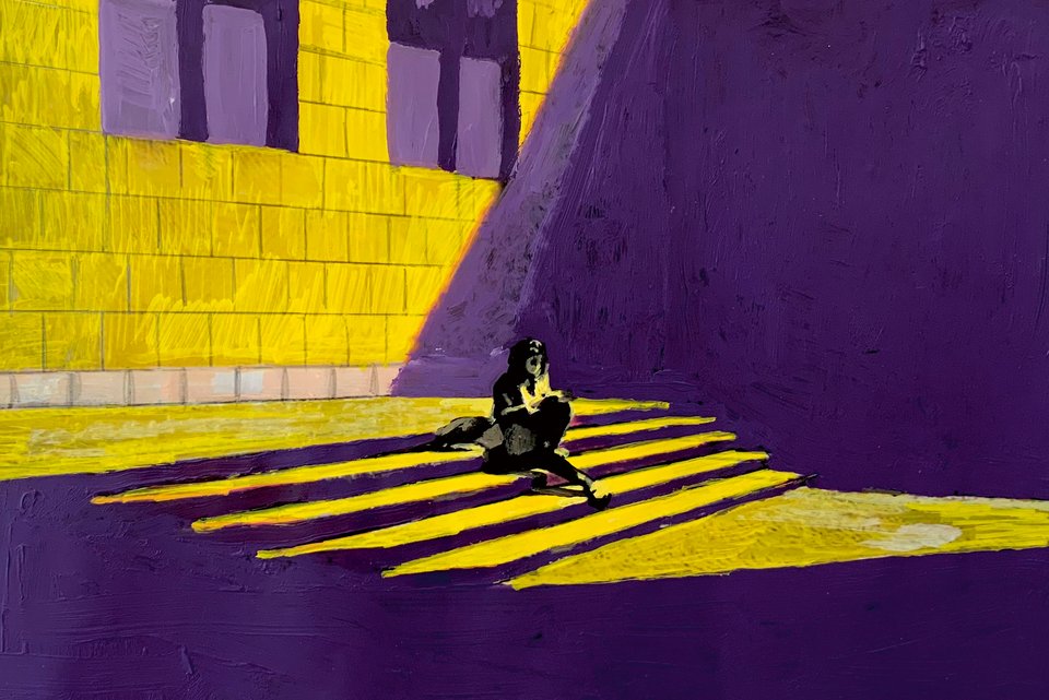 Die Illustration zeigt eine Person auf einer Treppe sitzend vor einer großen Häuserfassade