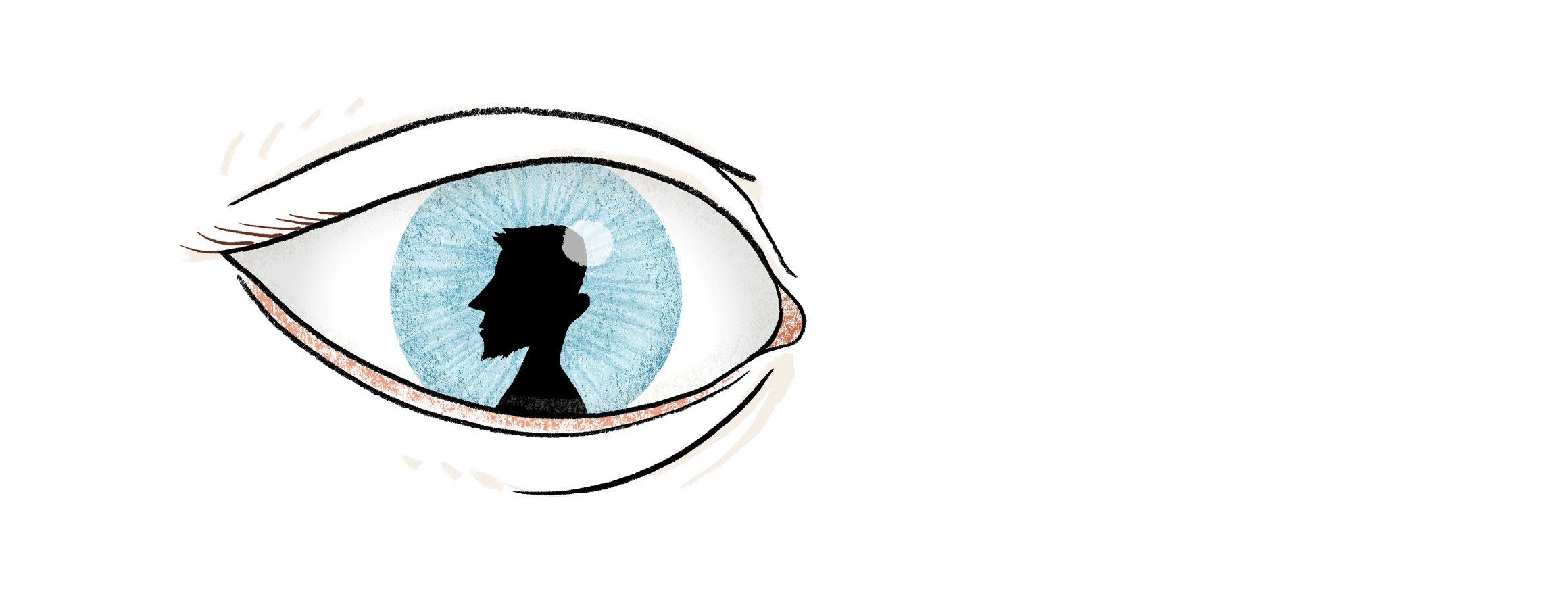 Die Illustration zeigt ein sehr großes, blaues Auge, darin ist eine schwarze, männliche Figur mit einem islamistisch anmutenden Bart zu sehen