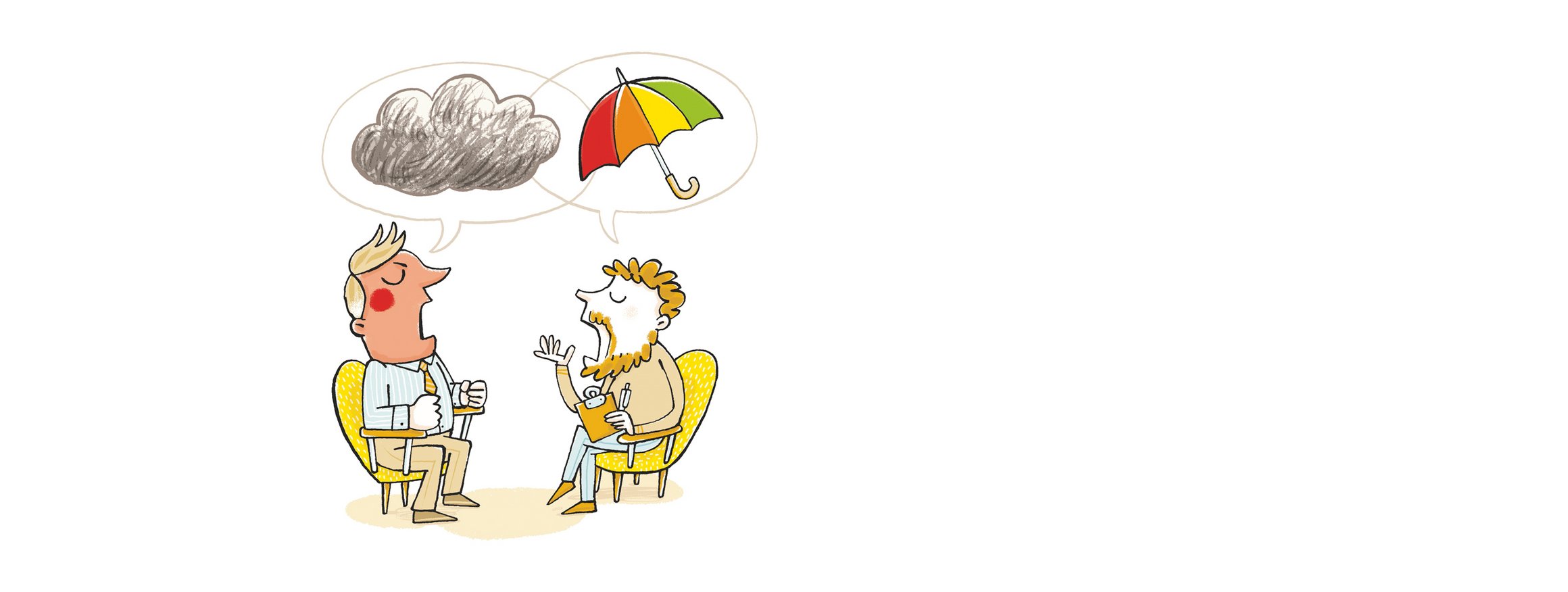 Die Illustration zeigt einen Therapeuten und sein Patient mit Sprechblasen über dem Kopf, und in der Blase des Patienten ist eine graue Wolke und über dem Therapeuten ist ein Regenschirm in der Sprechblase