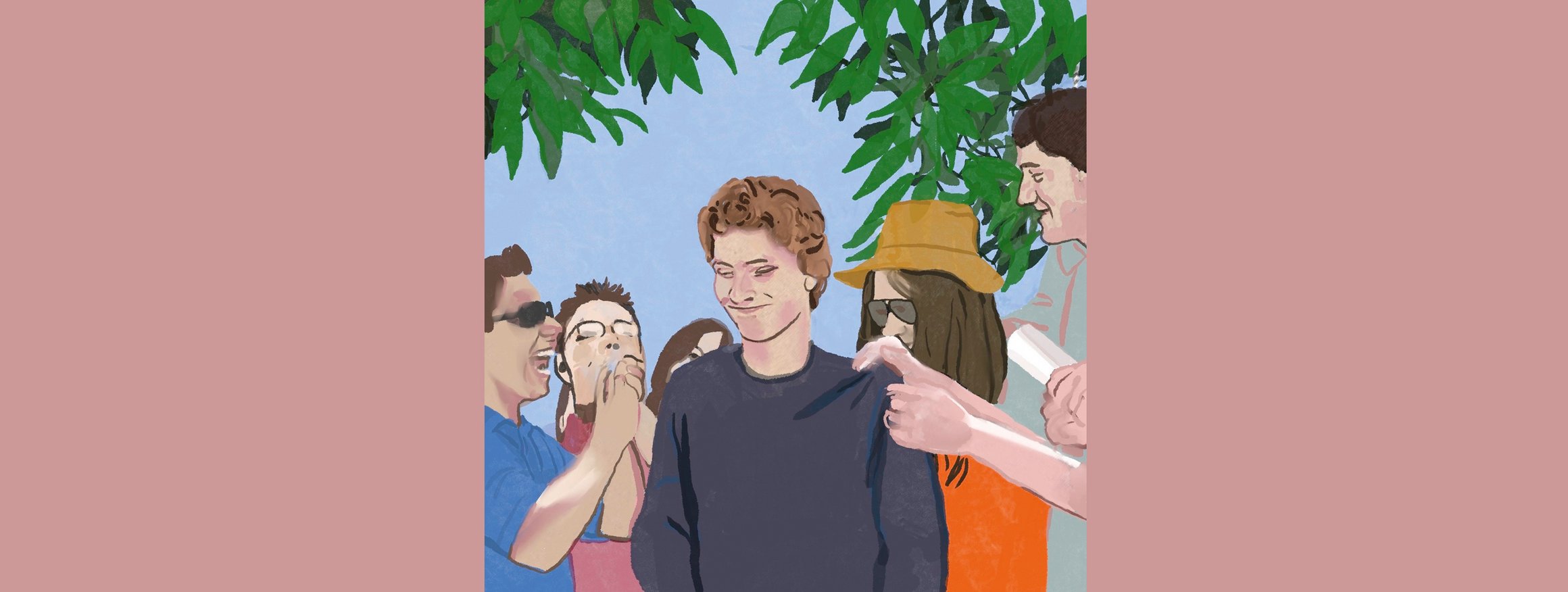Die Illustration zeigt einen jungen Mann, der gequält lächelt, umringt von mehreren fröhlichen Menschen