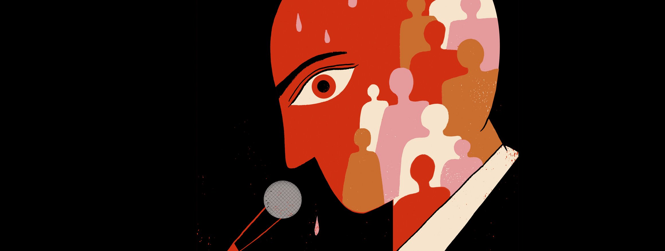 Die Illustration zeigt einen Mann mit rotem Kopf vor einem Mikrofon, während im Kopf viele Menschen sind