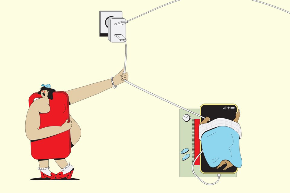 Die Illustration zeigt eine Mädchen, dass an einem Kabel zieht, das mit einem Smartphone verbunden ist