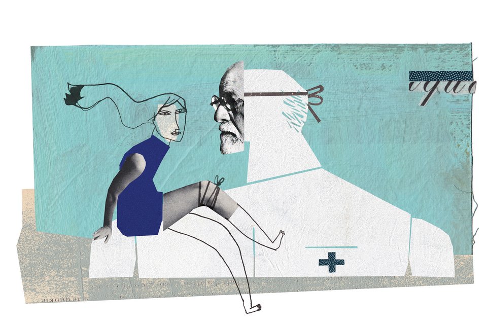 Die Illustration zeigt eine Frau mit Knieverletzung bei ihrem Orthopäden, der eine Sigmund Freud-Maske trägt und psychologisierend über das Knie redet