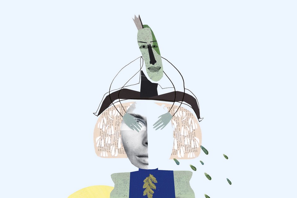 Die Illustration zeigt eine Gurke mit Krone, die auf einem Frauenkopf sitzt und ihr die Augen zuhält