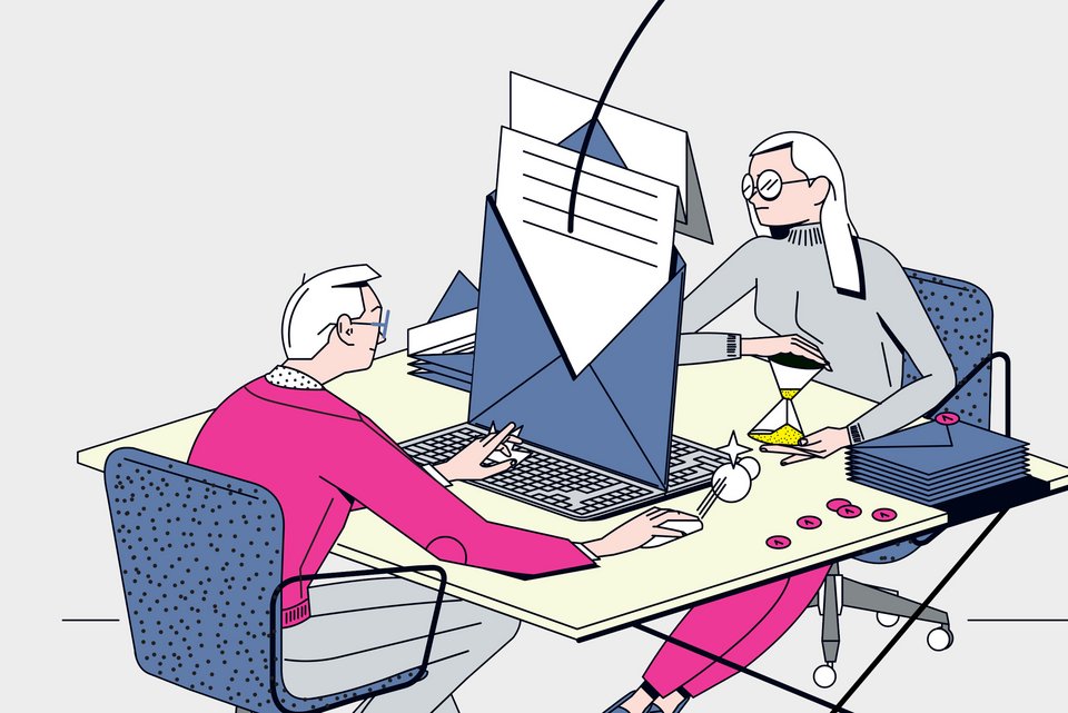 Die Illustration zeigt ein Kollege und eine Kollegin, die sich am Schreibtisch im Büro gegenüber sitzen und sich böse E-Mails schreiben