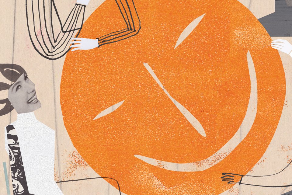 Die Illustration zeigt einen orangefarbenen Smiley  umringt von lachenden Menschen