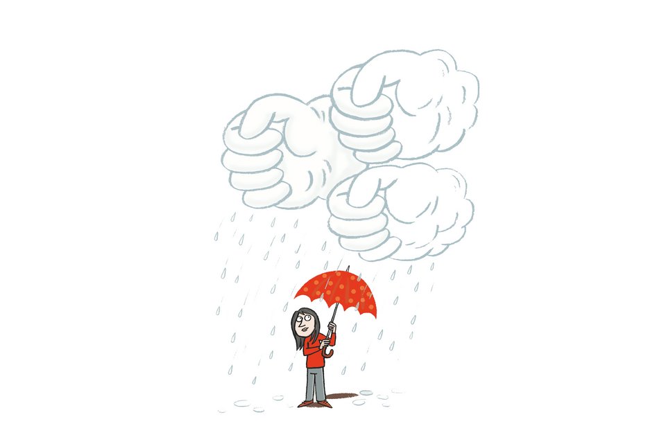 Die Illustration zeigt eine Frau, die einen roten Regenschirm über sich hält, während Wolken in Form von Händen Tropfen auf sie herauspressen