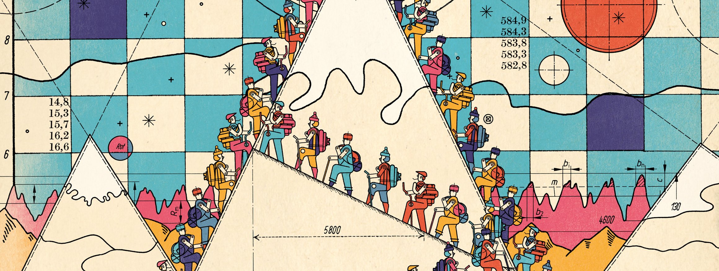 Die Illustration zeigt Menschenmassen, die einen Berg erklimmen