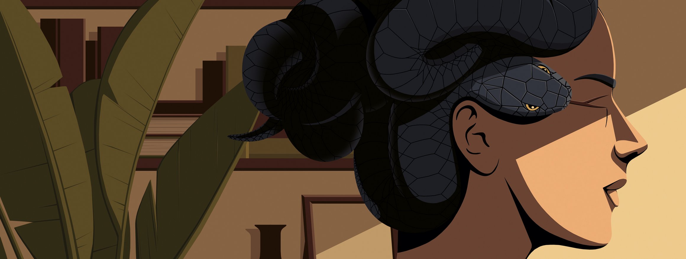 Die Illustration zeigt eine Frau, die als Haare eine gefährliche Schlange als Hochsteckfrisur trägt