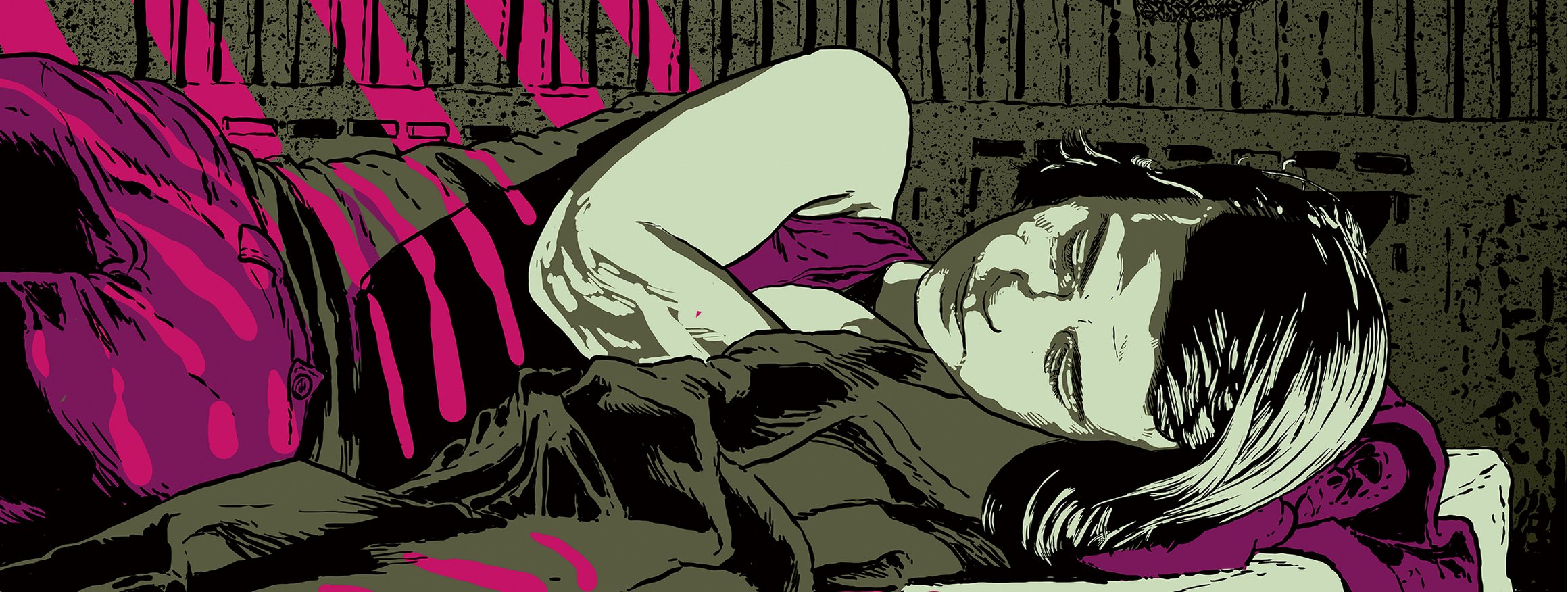 Die Illustration zeigt Sophie Scholl, die in ihrer Gefängniszelle schläft und träumt, dass sie Mutter geworden ist