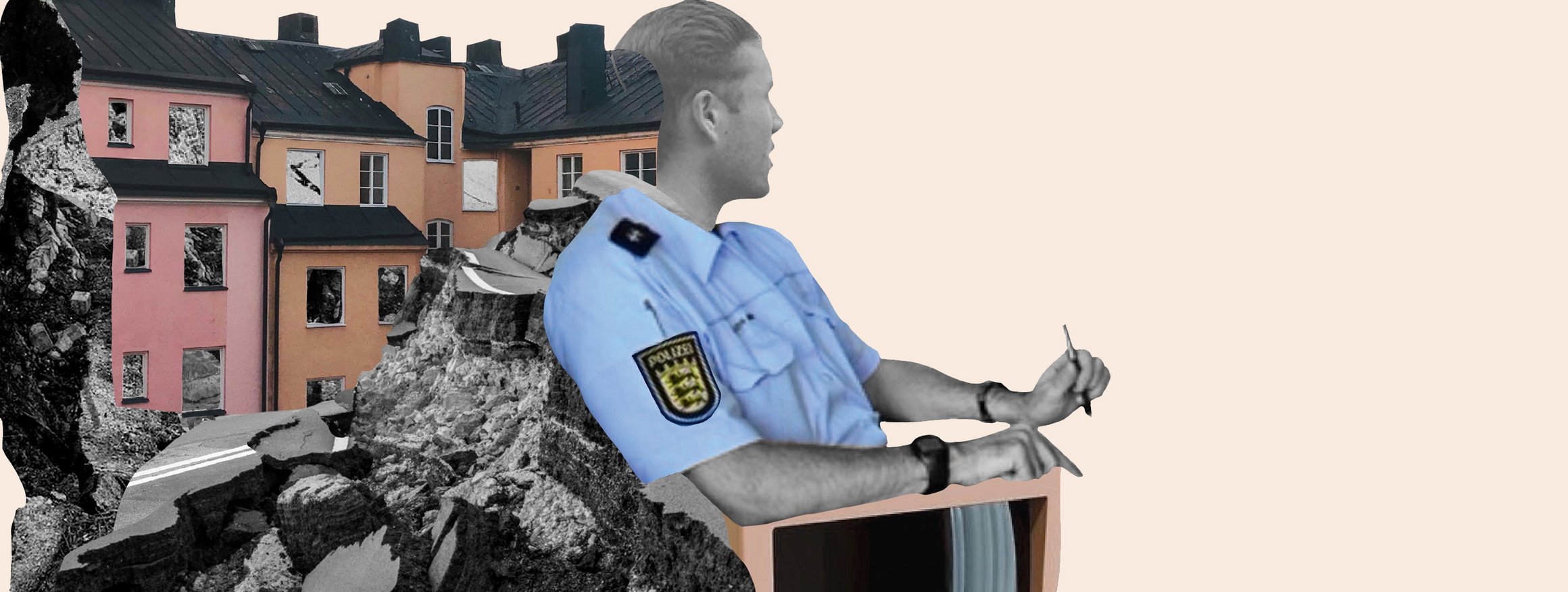 Die Illustration zeigt einen Polizisten in Uniform, der in die Ferne schaut, die Arme auf einem Bildschirm abgelegt, während hinter ihm Häuser sind, die vor einem Abgrund sind