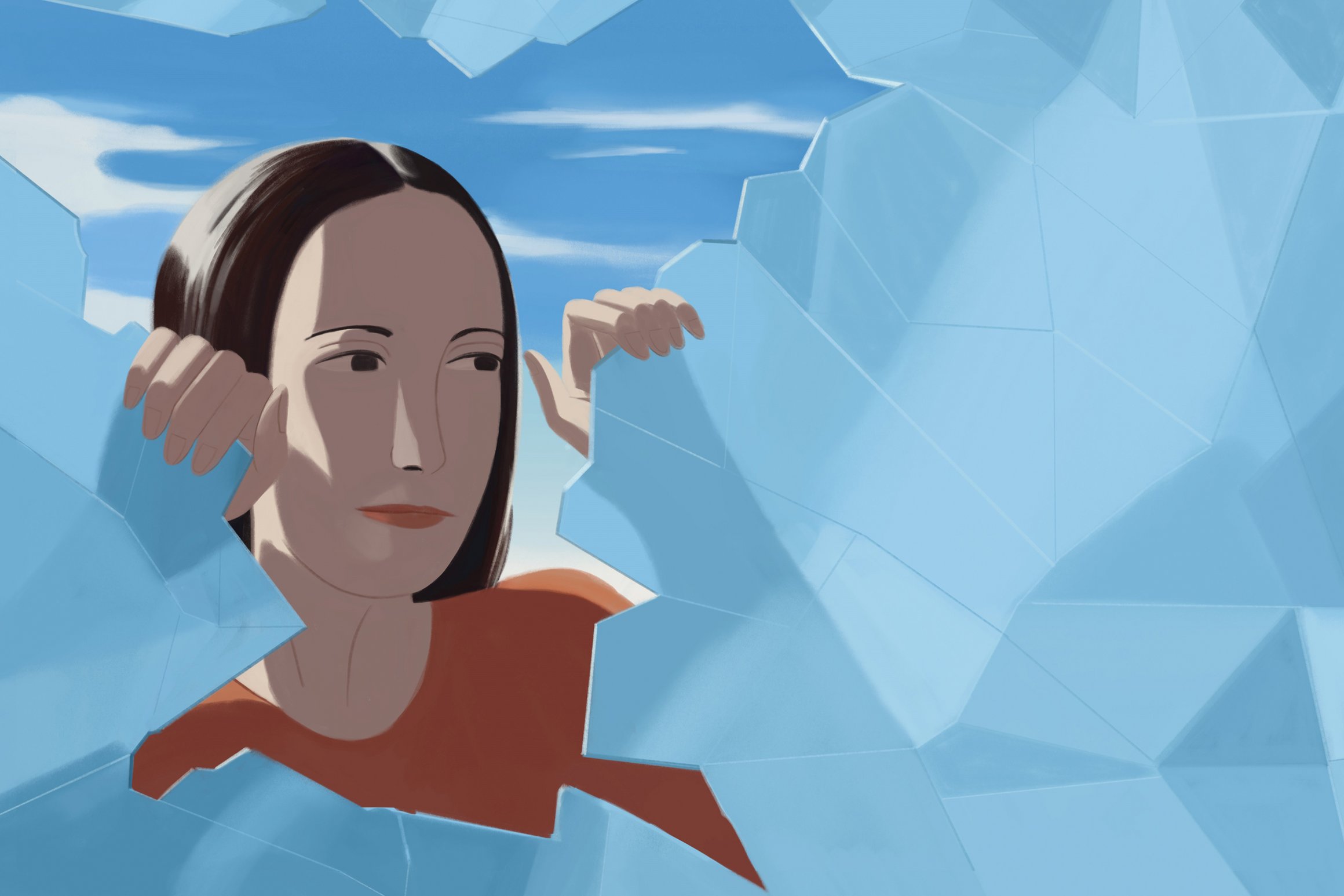 Die Illustration zeigt eine Frau, die aus ihrer Deckung geht und nach vorne blickt.