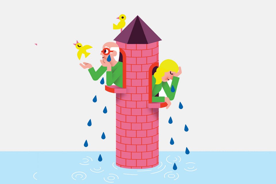 Die Illustration zeigt einen Mann und eine Frau die an zwei Turmfenstern stehen und weinen, während unter ihnen ein See aus Tränen ist