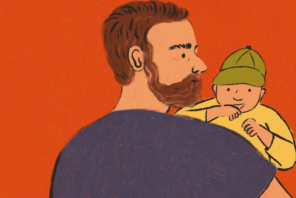 Die Illustration zeigt einen Mann mit Bart, der ein Kleinkind auf dem Arm hält und in der Vaterrolle seine Erfüllung sieht