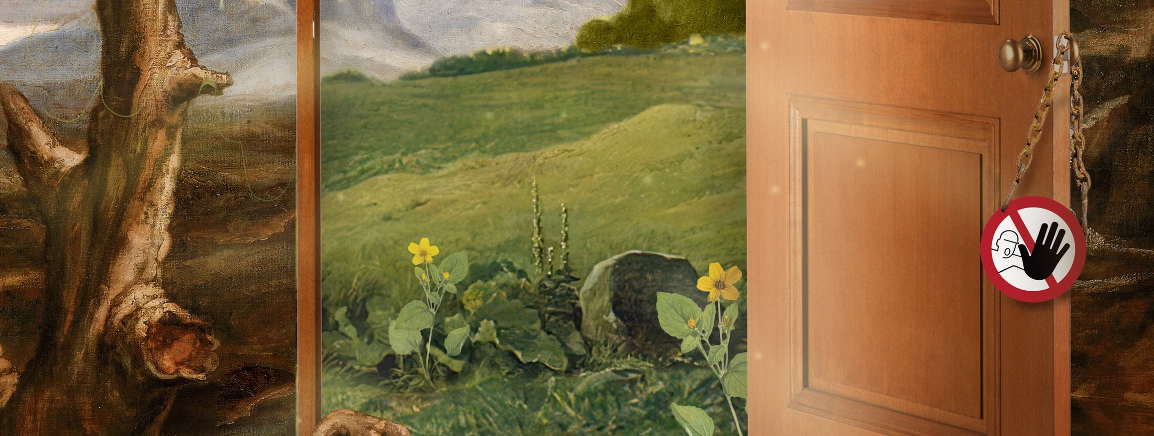 Die Illustration zeigt einen Baum mit grünen Blättern, auf dem ein Rabe sitzt, und der Ast aus einer Haustür aus Holz mit Verbotsschild am Türknopf, herauswächst.