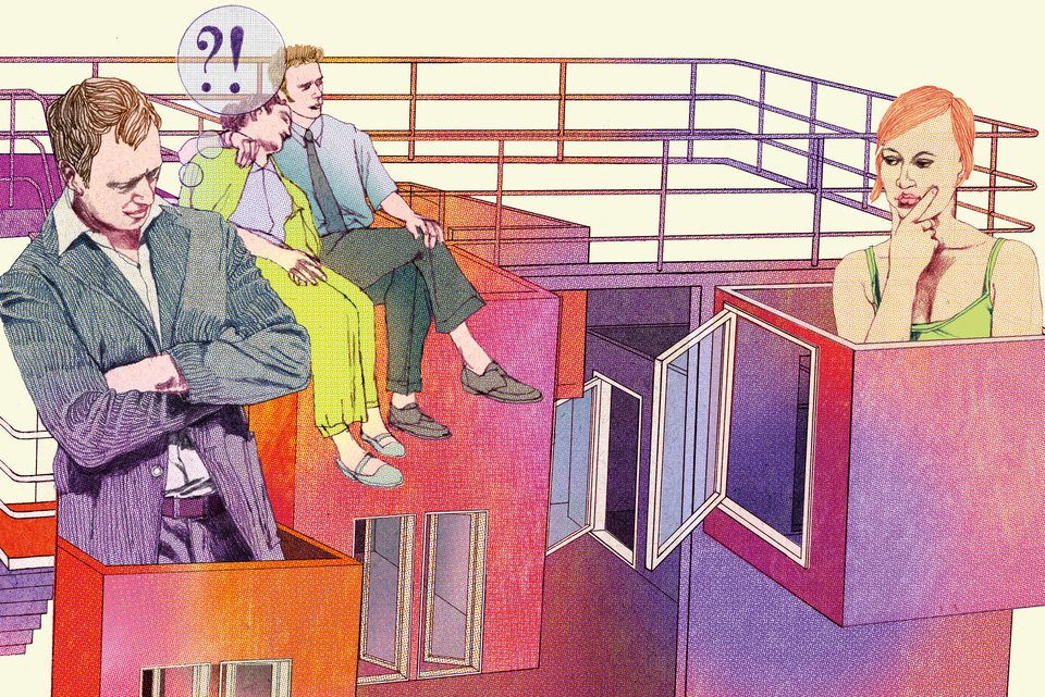 Die Illustration zeigt ein Gebäudekomplex mit vielen Fenstern mit einem Paar und zwei einzelnen Personen