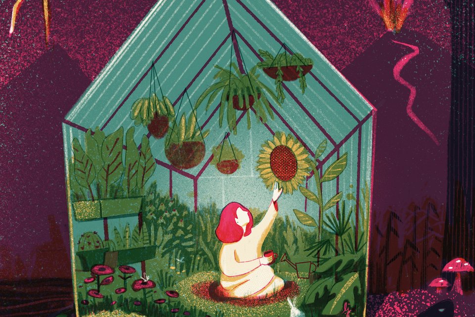 Die Illustration zeigt eine rothaarige Frau, die in einem durchsichtigen Gewächshaus sitzt, umgeben von Pflanzen, darum ist ebenfalls Natur