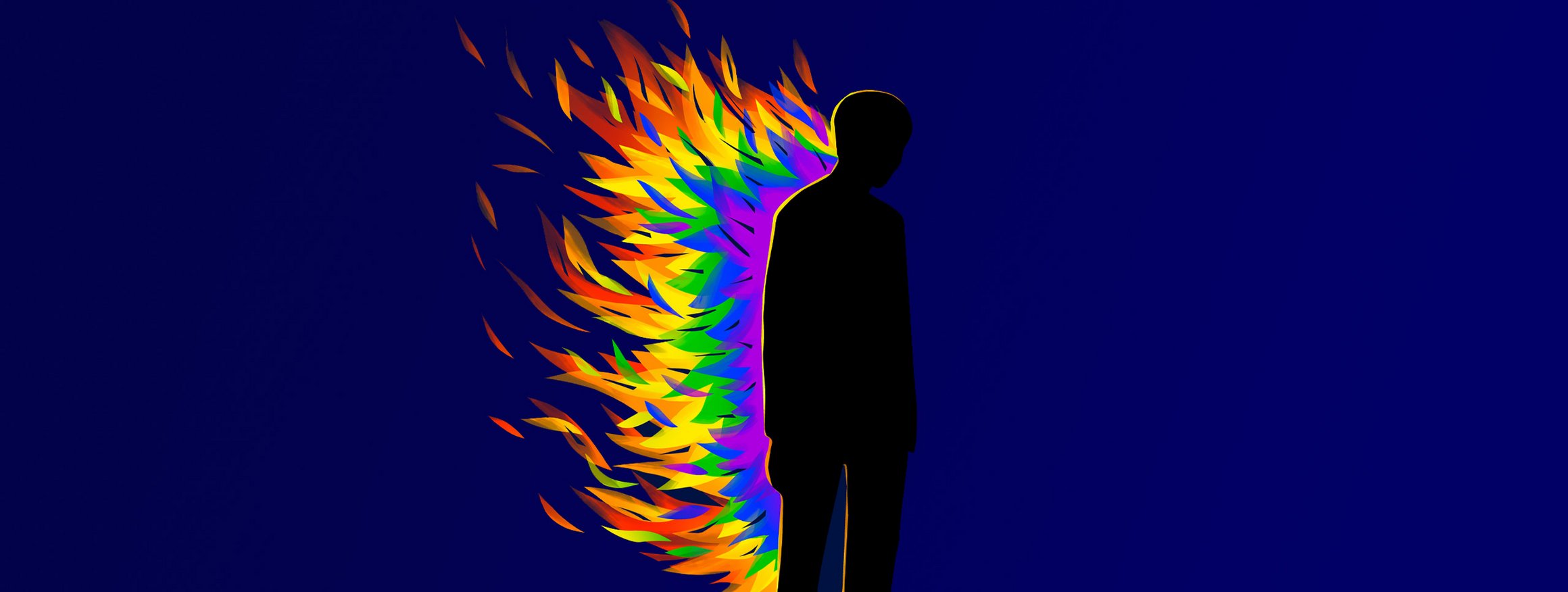 Die Illustration zeigt eine schwarze Figur, die einen homosexuellen Mann darstellt, der gegen sein Begehren ankämpft, hinter ihm sind große, bunte Flammen zu sehen